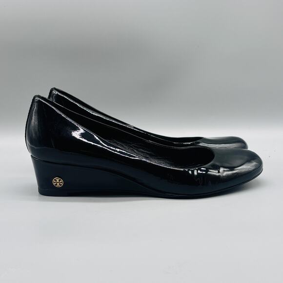 Tory Burch Shoes Womens 10 Black Patent Leather Annelise Pump Wedge Heels Logo - Picture 1 of 11